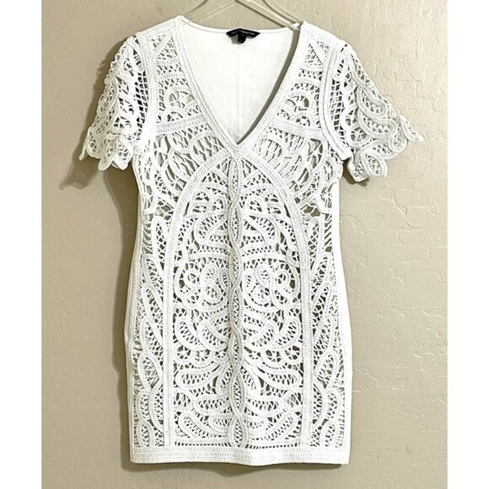 French Connection White Crochet Embroidery Mini Short Dress V Neck Sz 10 L
